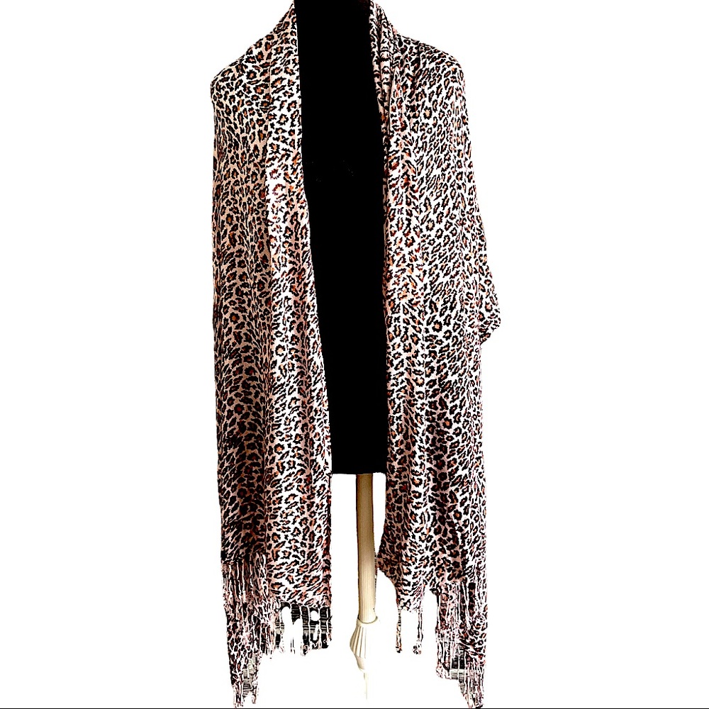Leopard print fringe wrap scarf multi wear Shaw, small leopard print super soft
